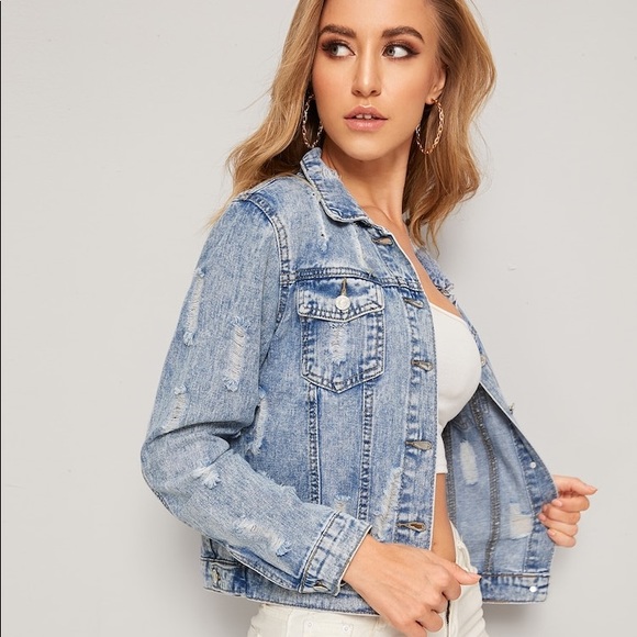 Distressed denim jean jacket bleached ripped - Picture 2 of 5